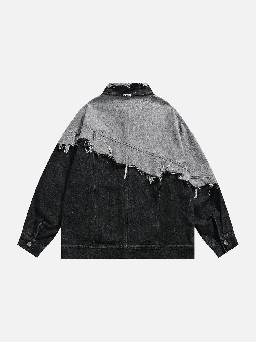 Back view of TALISHKO's paneled denim jacket in contrasting tones with edgy frayed accents.