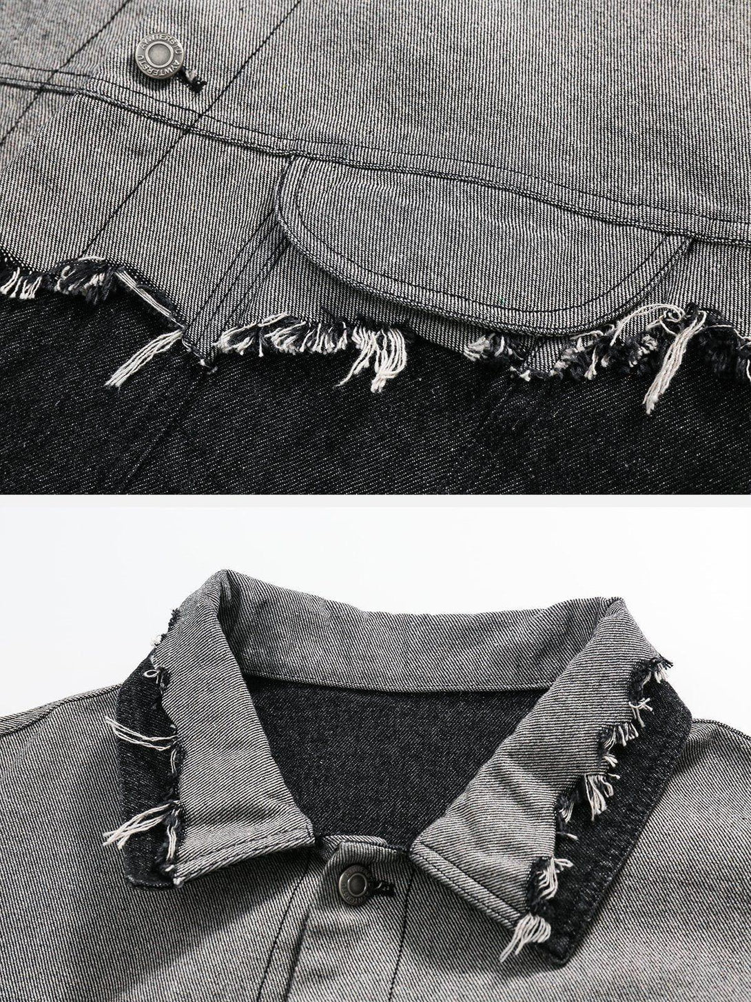Intricate look at TALISHKO's ripped denim jacket, showcasing frayed edges and color contrast.