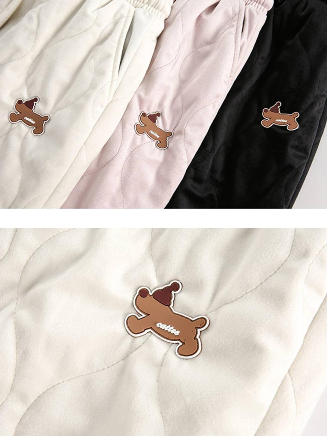 Intricate look at TALISHKO paneled padded sweatpants, highlighting quilted detail and playful patch.