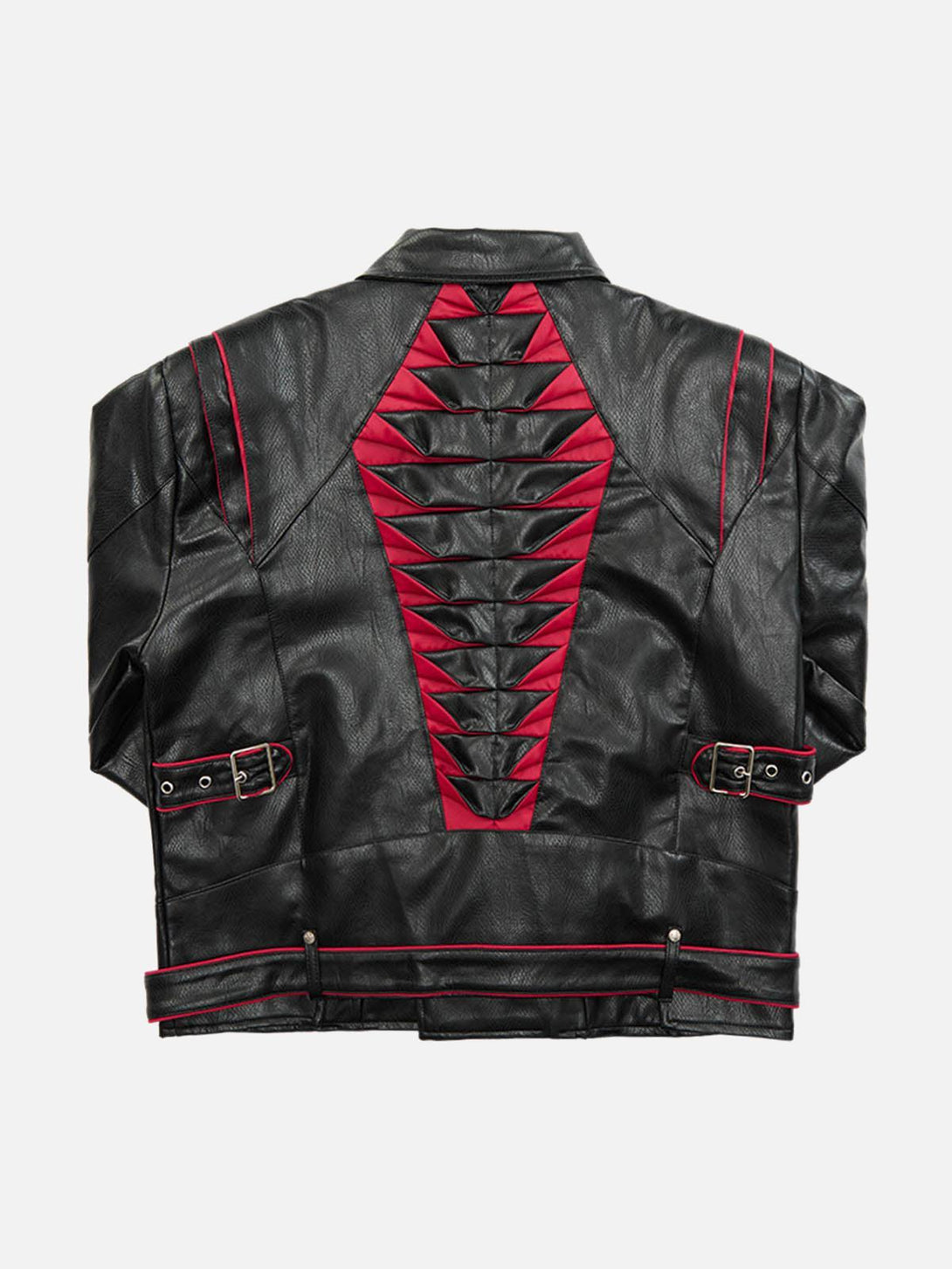 Back view of TALISHKO leather biker jacket, featuring unique red pleated spine detailing.