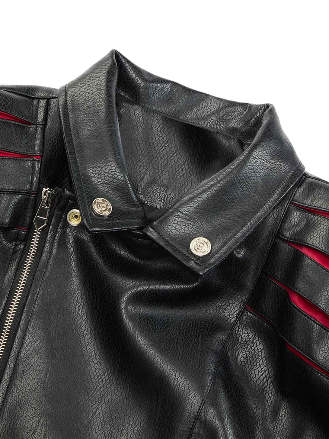 A detailed view of the TALISHKO leather biker jacket, highlighting its textured material and red accents.