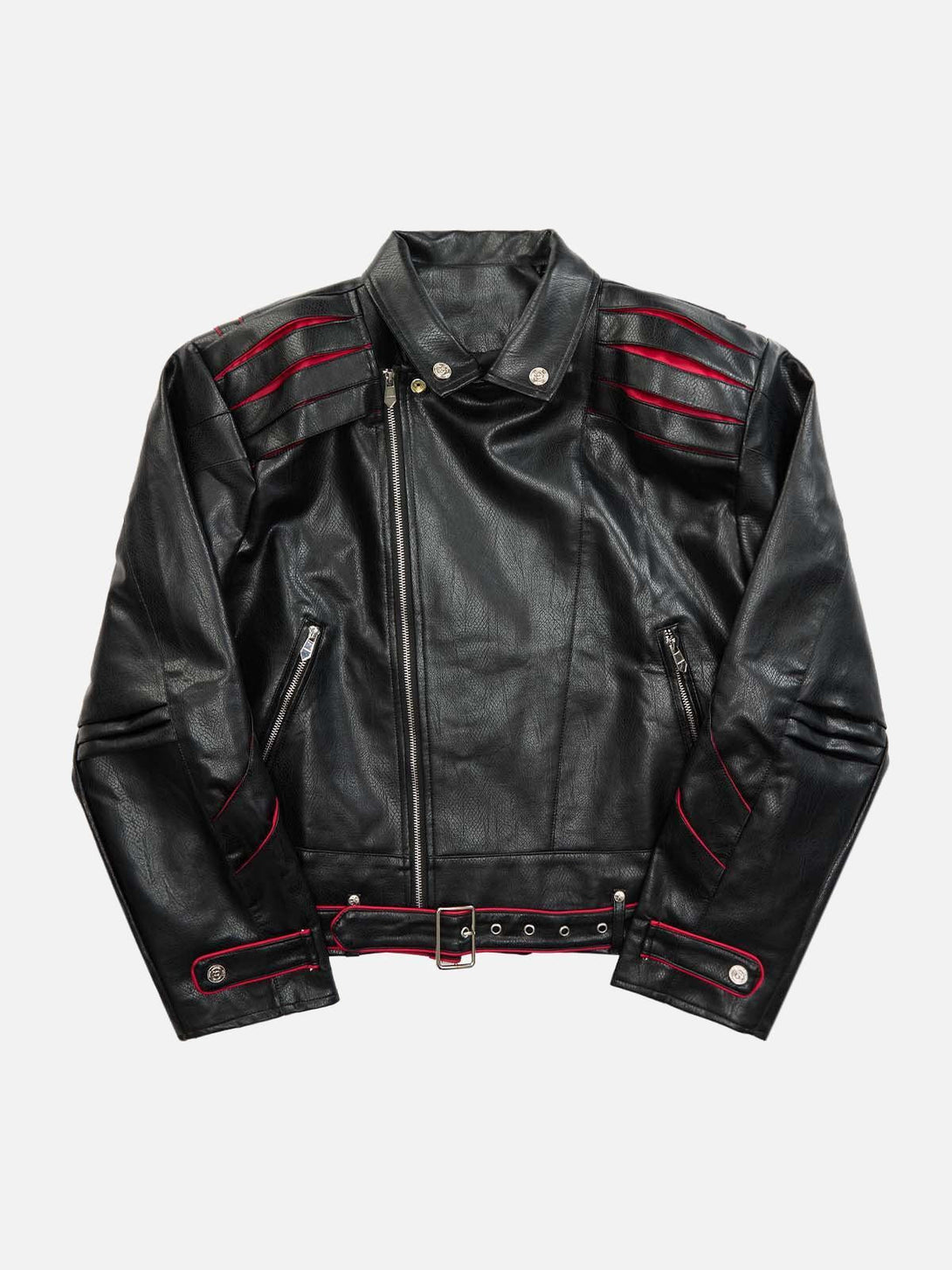 TALISHKO leather biker jacket with red accents and pleated shoulders, offering a bold look.