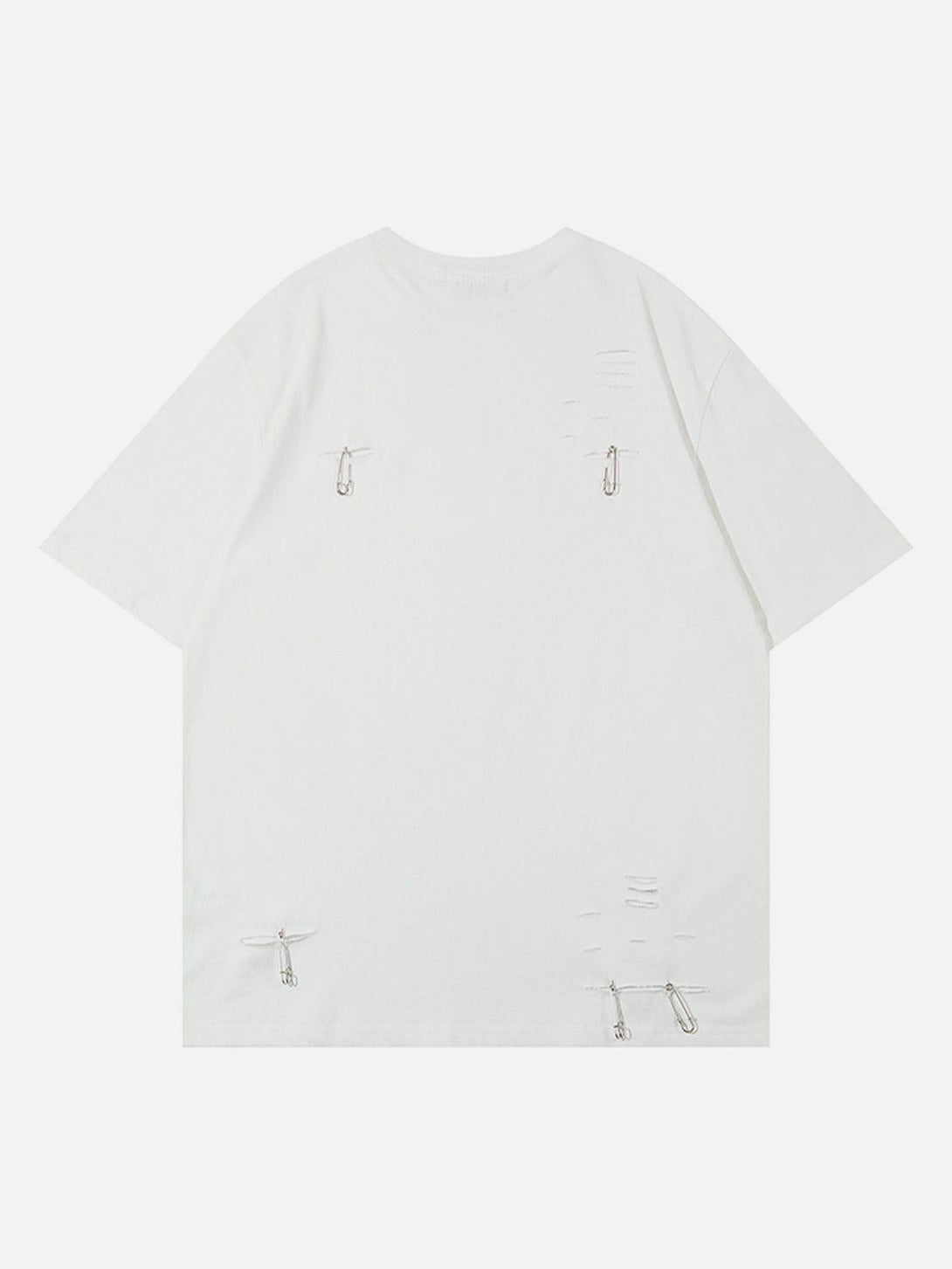 Back view of a white tee with paper clip details, highlighting TALISHKO's innovative style.