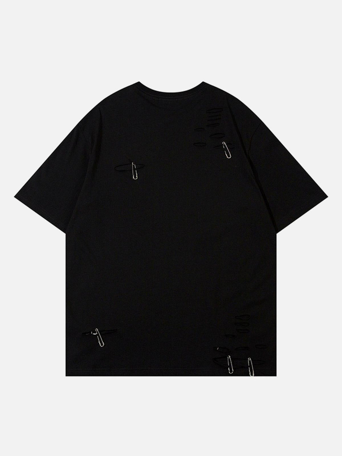 Back view of black tee featuring paper clip accents, showcasing TALISHKO's edgy design.