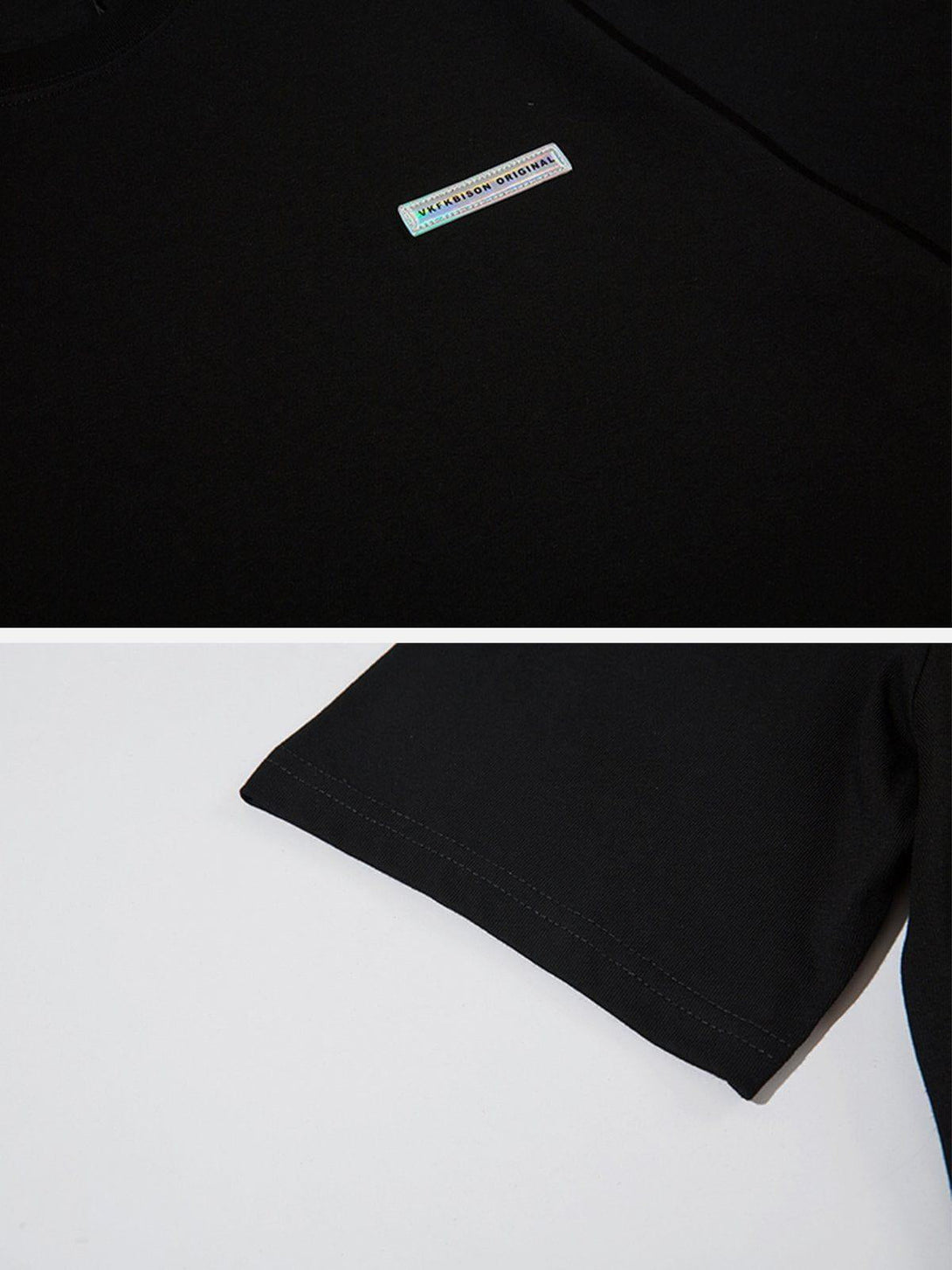 Detailed view of black tee fabric and paper clip decoration by TALISHKO.