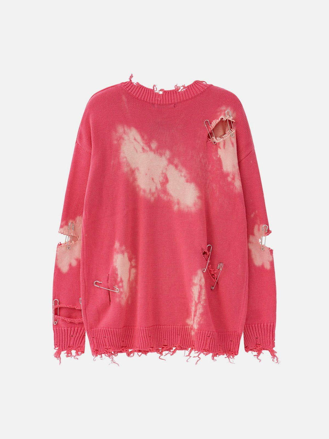 TALISHKO's pink knit sweater features paperclip accents and a distressed design.