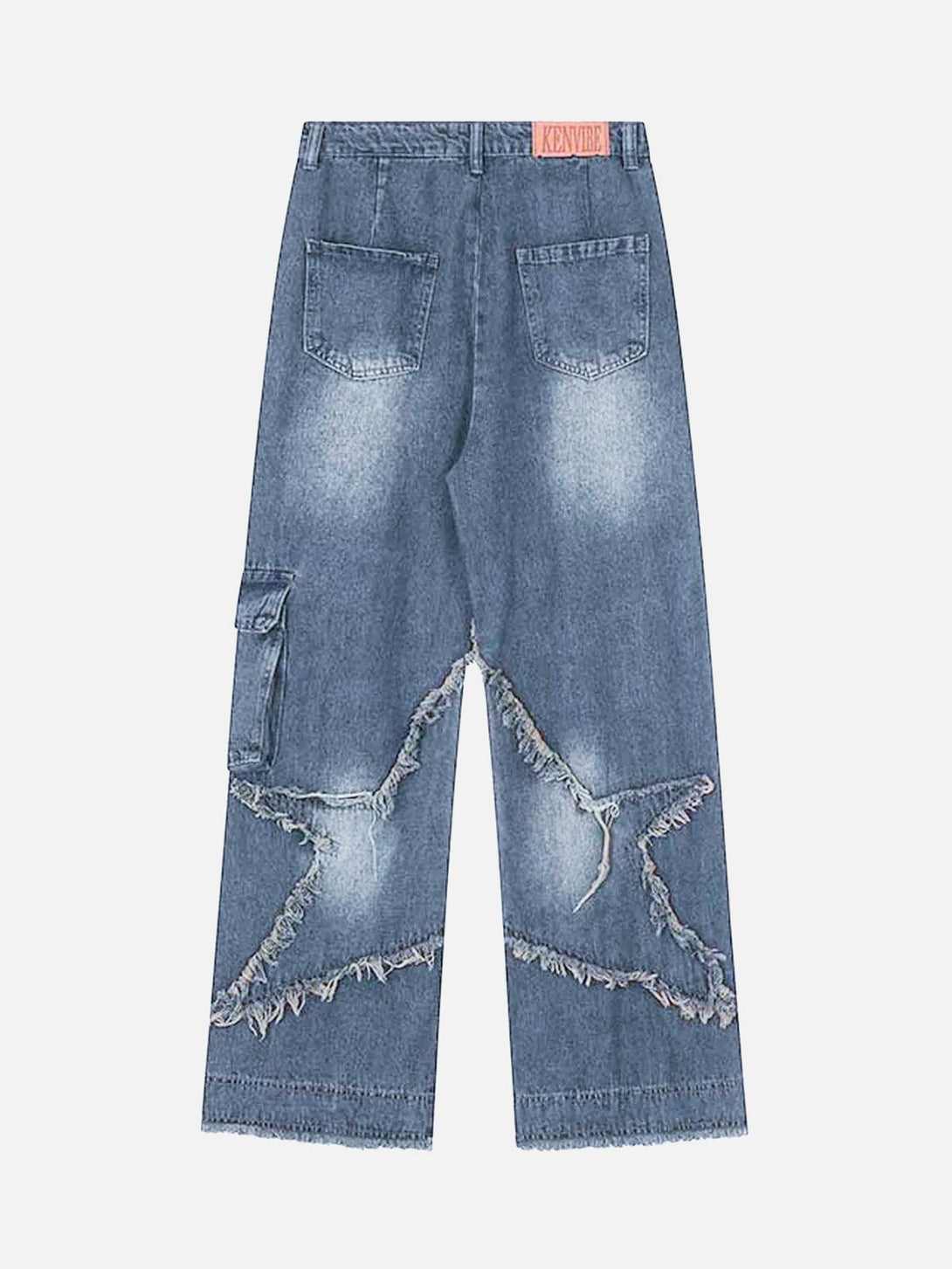 Back view of TALISHKO patch-embroidered straight-leg jeans, showcasing unique denim details.