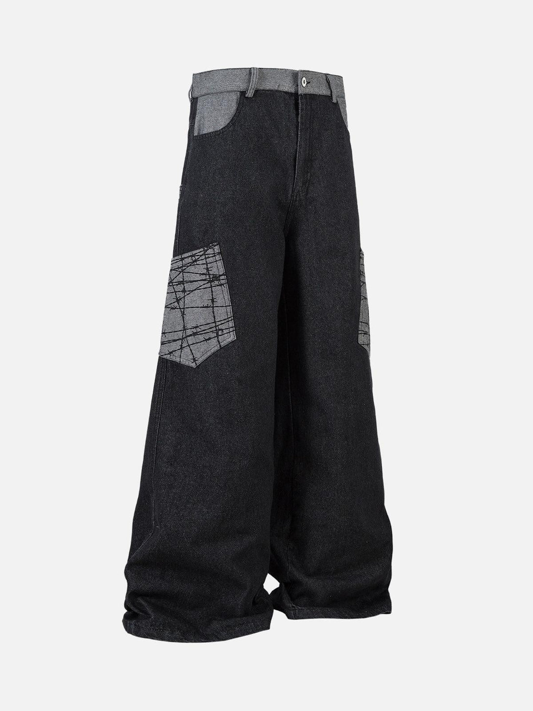 Side view of TALISHKO patch pocket baggy jeans showcasing unique design and relaxed silhouette.