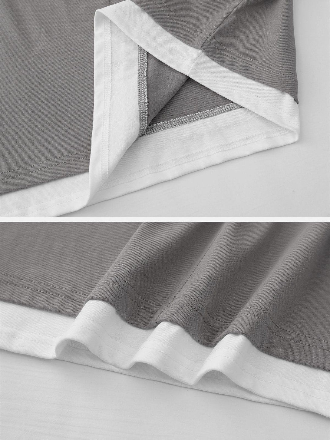 Detailed fabric and stitching of TALISHKO's gray 3D patchwork tee, highlighting texture.