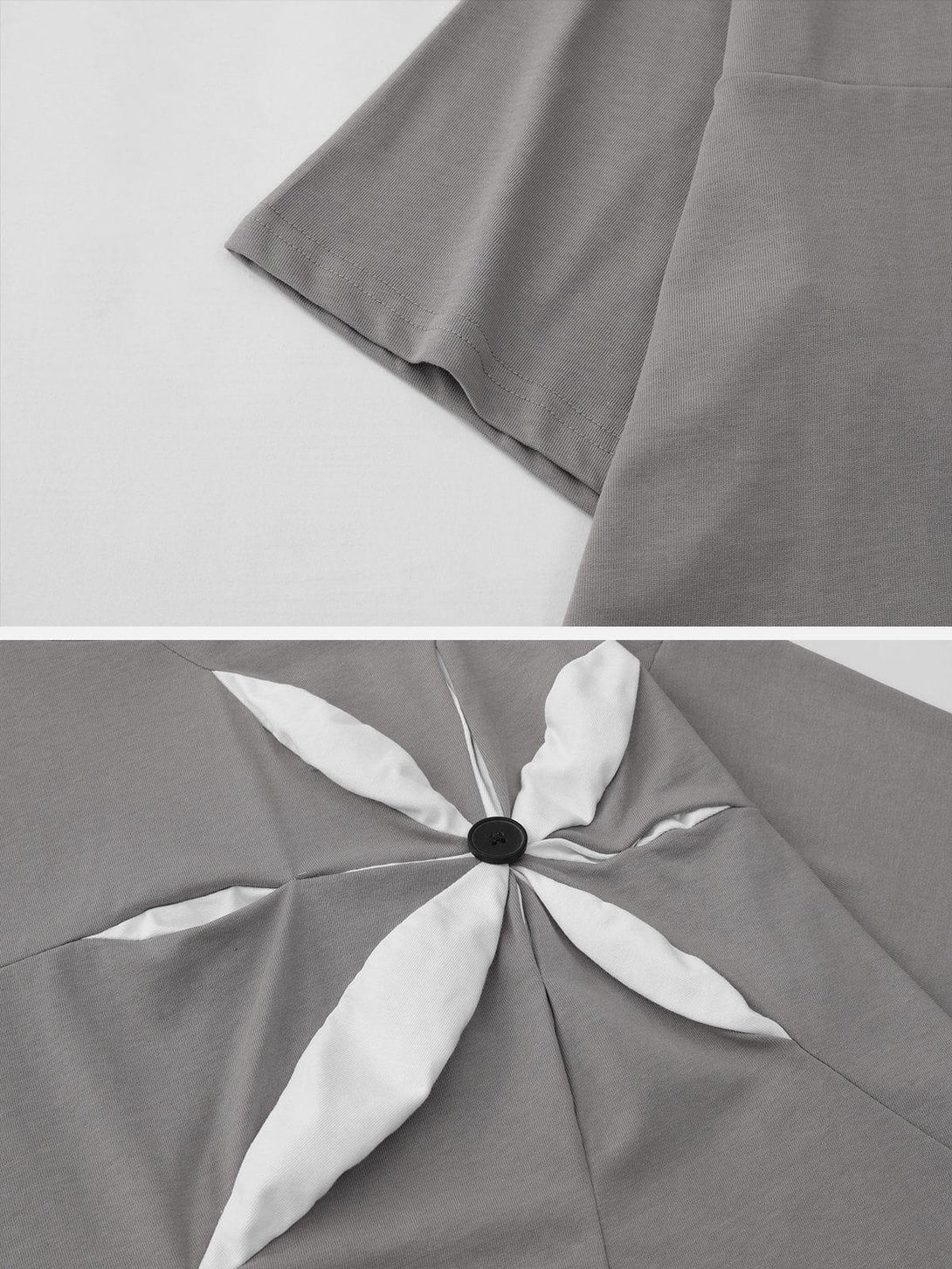 Intricate look at TALISHKO's gray 3D patchwork tee, showcasing unique back design details.