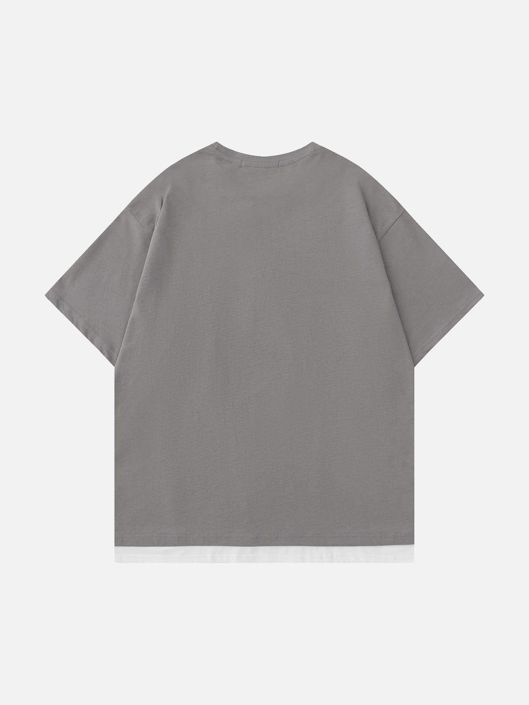 Back view of gray tee featuring TALISHKO's 3D patchwork design, ideal for casual summer days.