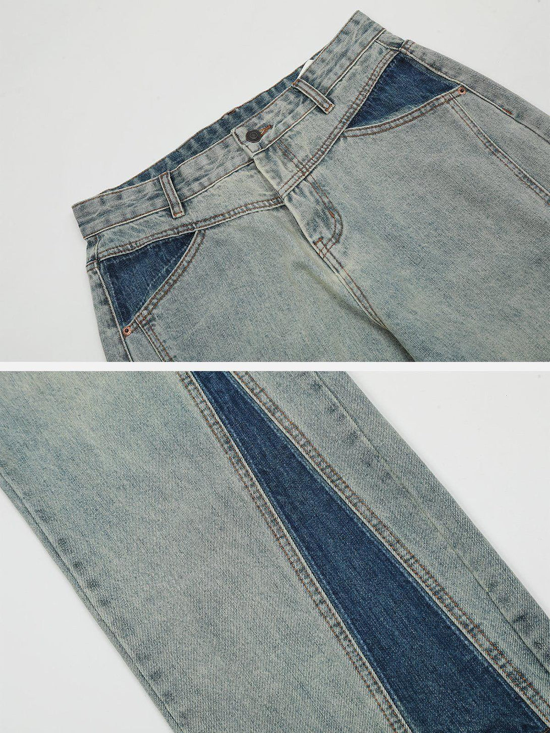 Detailed view of TALISHKO patchwork jeans, highlighting unique color-blocking and stitching.