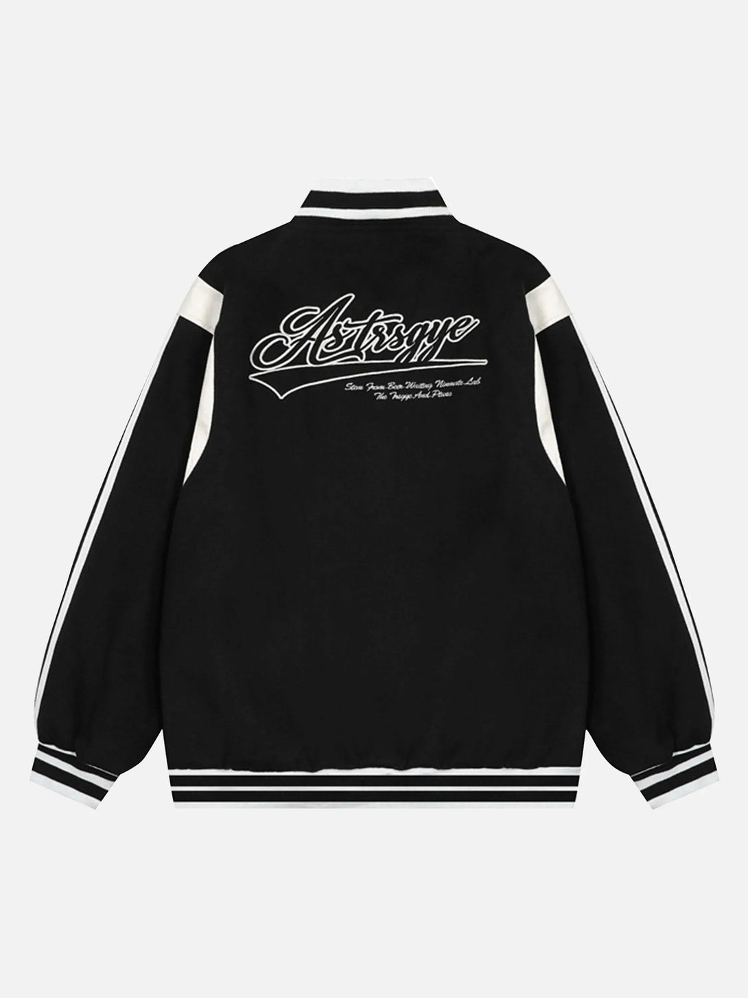 Back view of TALISHKO's black baseball jacket featuring contrast embroidery and stripe details.