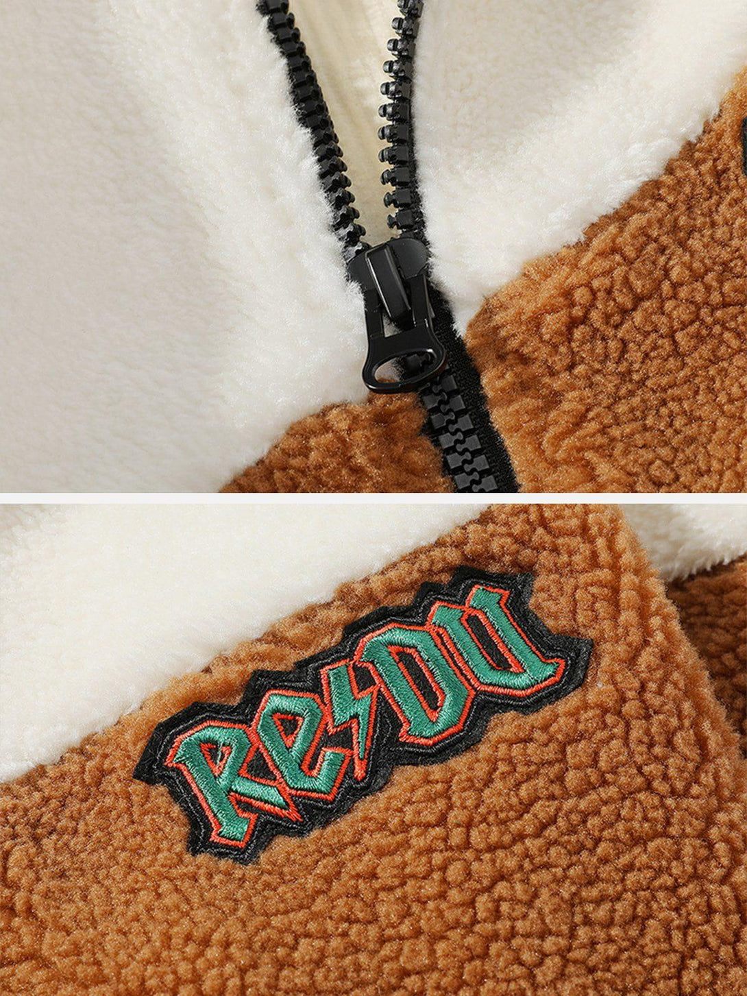 Close-up of TALISHKO's patchwork sherpa coat, highlighting the textured fabric and intricate details.