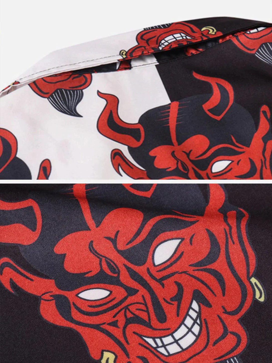 Detailed view of TALISHKO's patchwork shirt highlighting the vibrant red devil design.