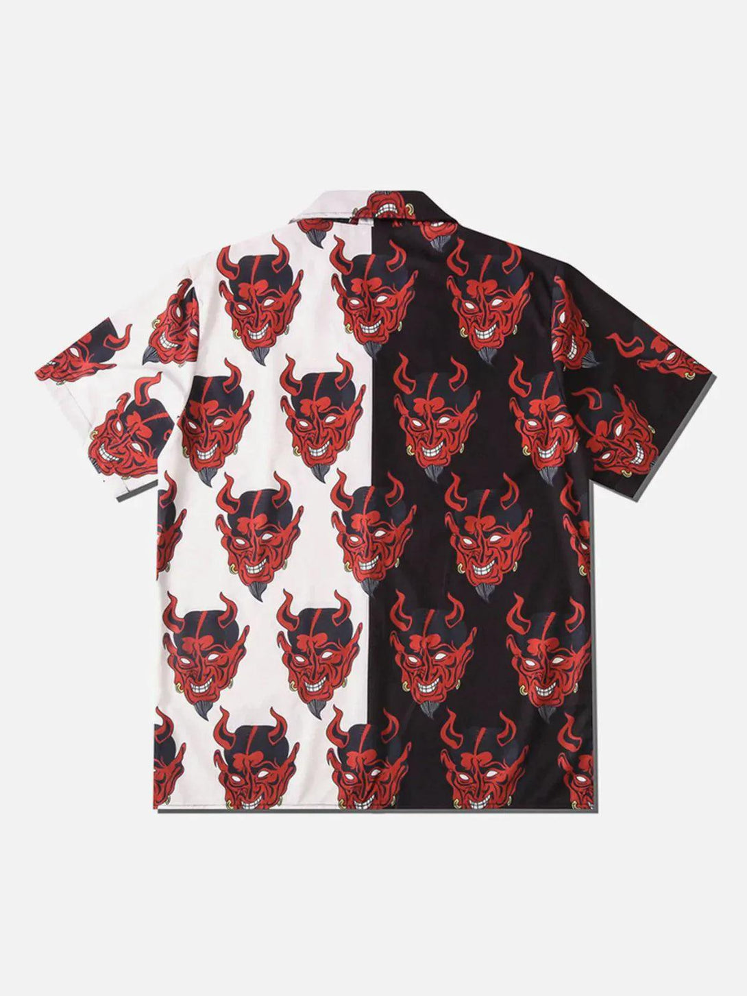 Back view of TALISHKO patchwork shirt showcasing bold red devil pattern on split panels.