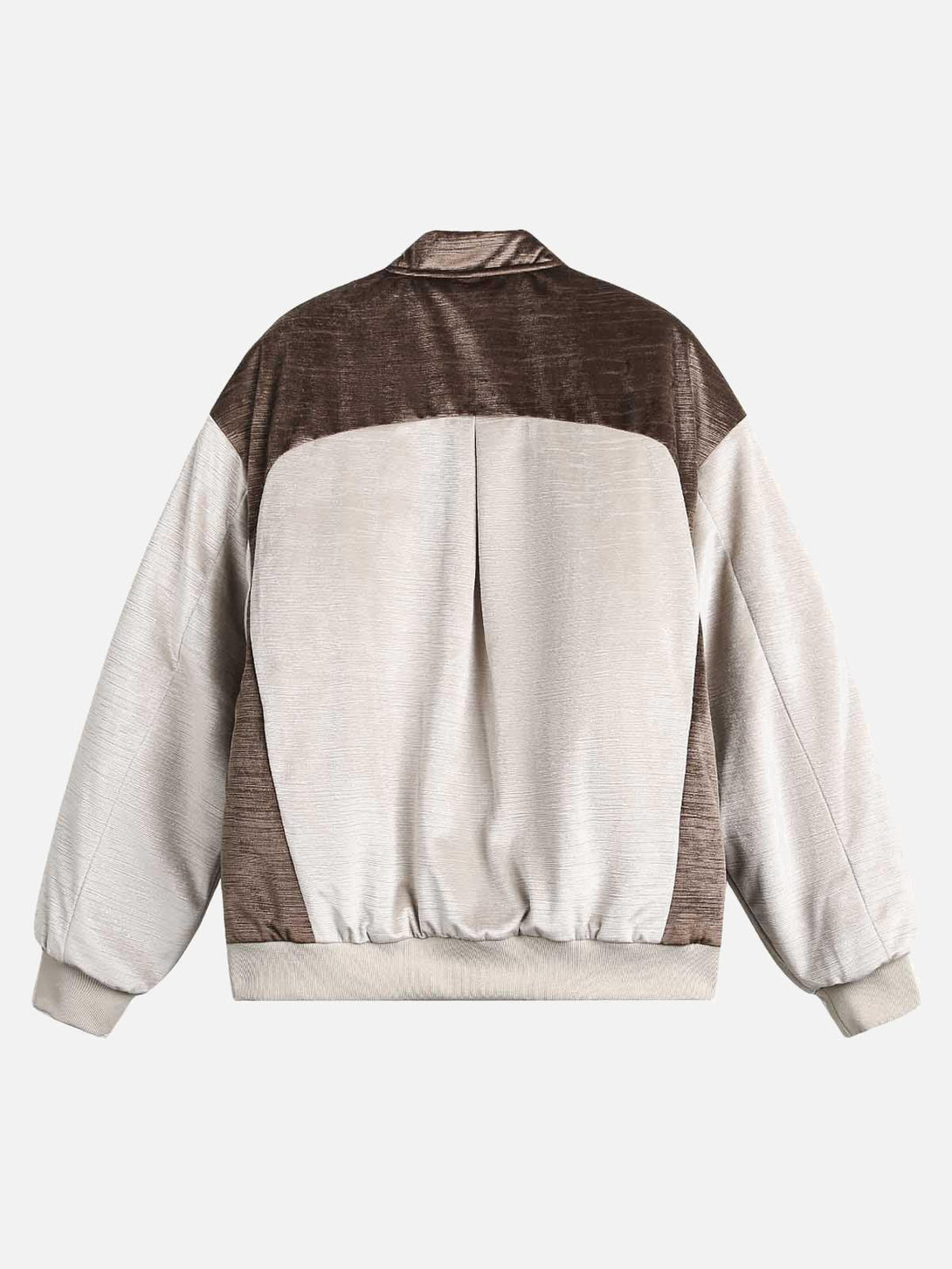 Back view of patchwork embroidered bomber jacket by TALISHKO, featuring a modern design.