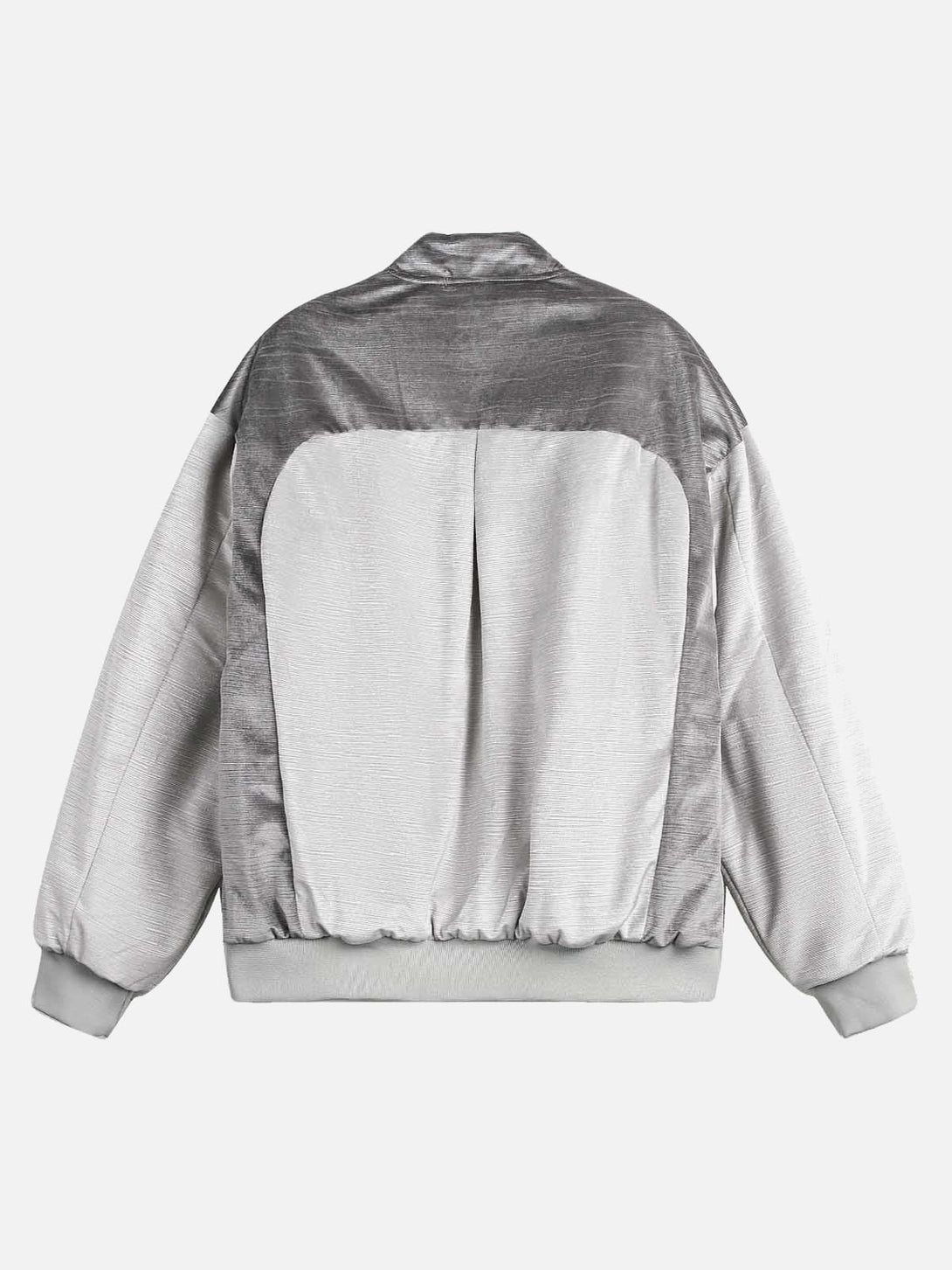 Back view of gray patchwork bomber jacket by TALISHKO, showcasing modern style.