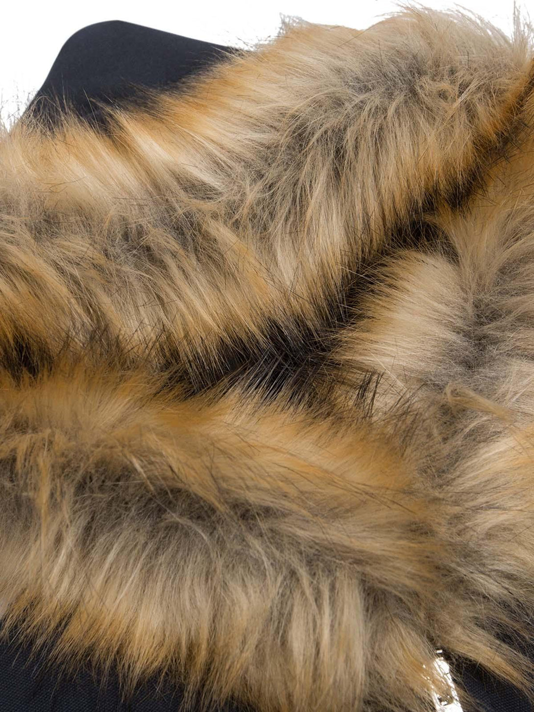 A close-up of the fur trim on a hooded jacket by TALISHKO, highlighting texture and detail.