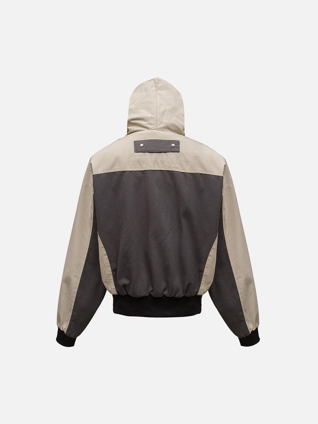 Back view of a two-tone patchwork hooded jacket by TALISHKO, highlighting its unique style.