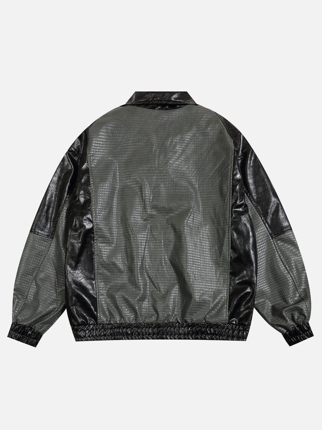 Back view of TALISHKO patchwork faux leather jacket in black and gray, highlighting unique texture.