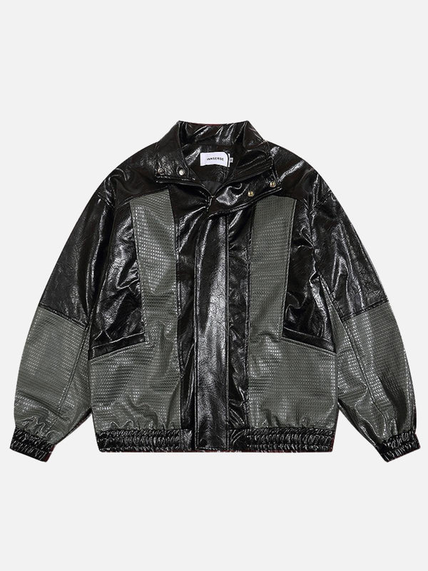 TALISHKO patchwork faux leather jacket in black and gray, showcasing front design details.