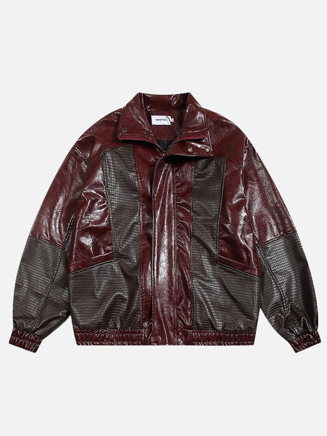 TALISHKO faux leather jacket with patchwork design in deep red and brown, front view.