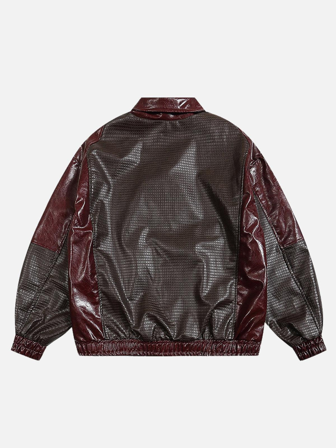 Back view of TALISHKO patchwork faux leather jacket in deep red and brown, highlighting texture.