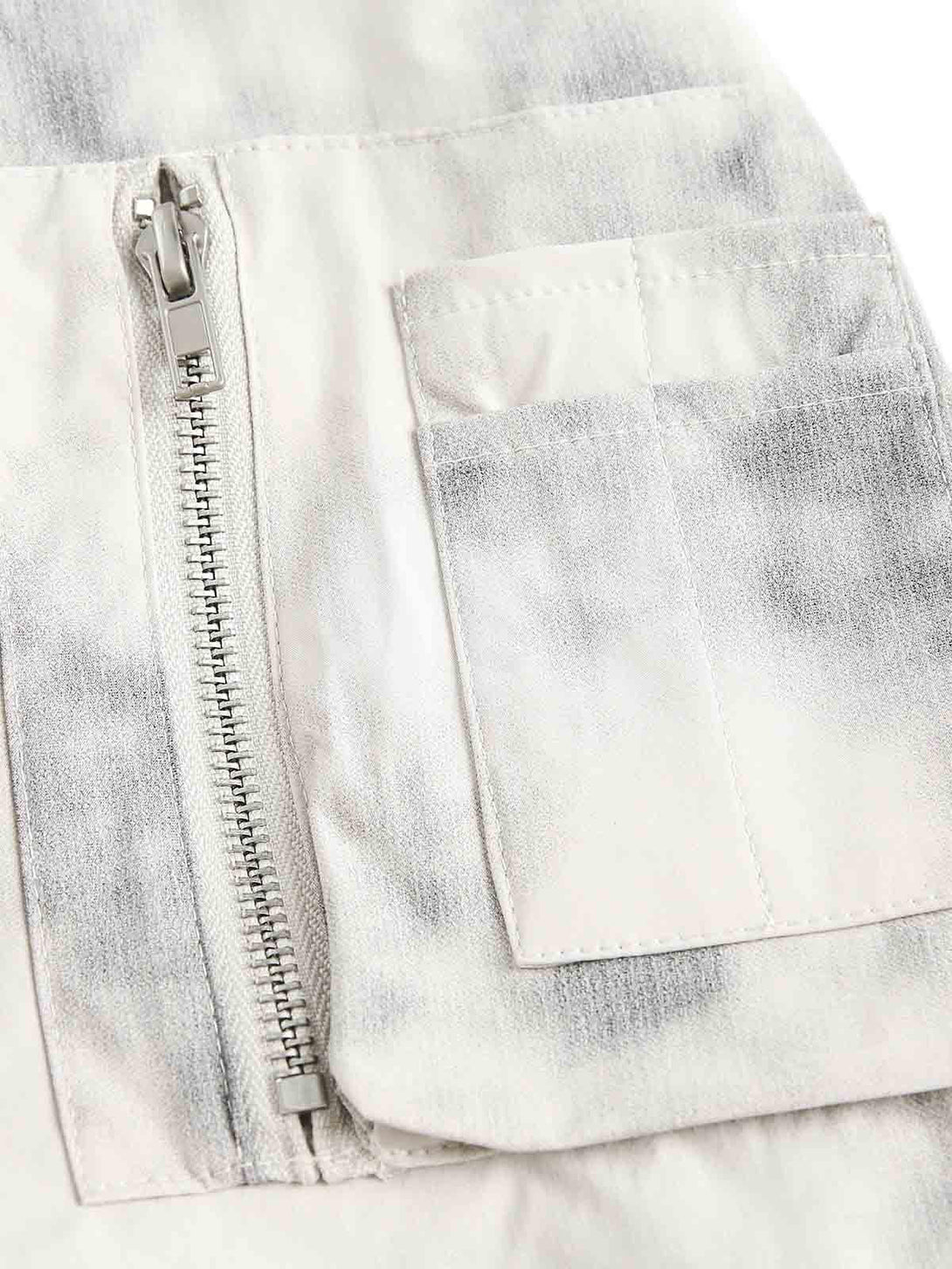 Focusing on TALISHKO's bomber jacket zipper and pocket design with a gradient finish.