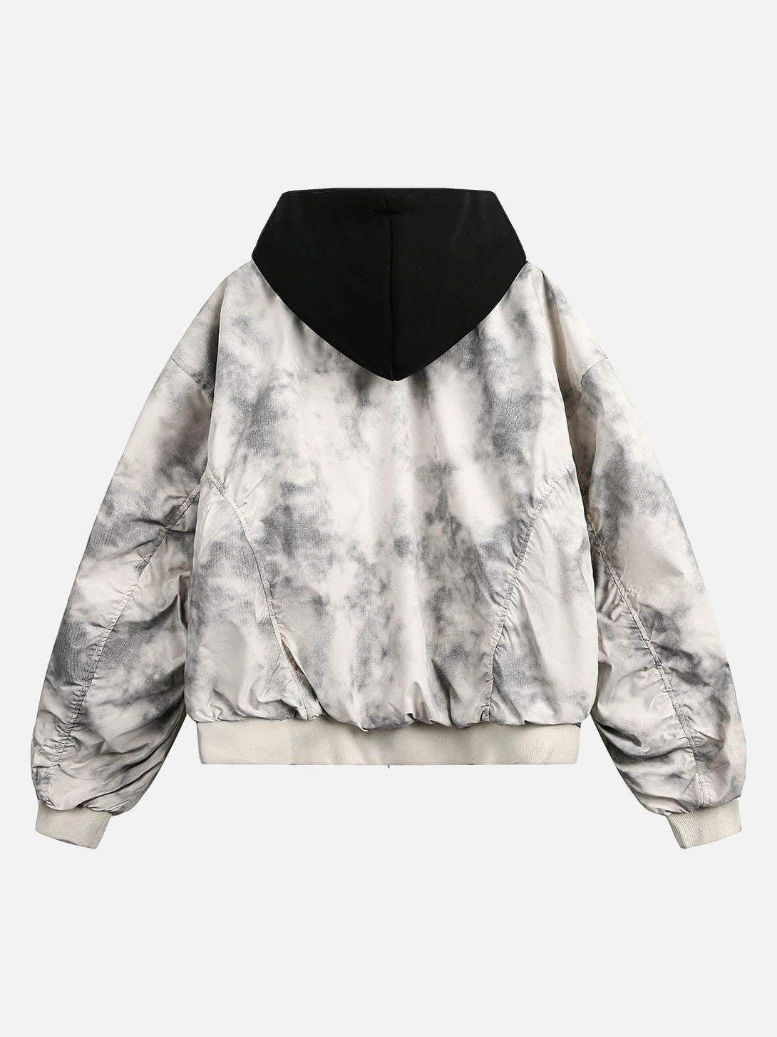 Back view of a gradient hooded bomber jacket by TALISHKO, highlighting a unique style.