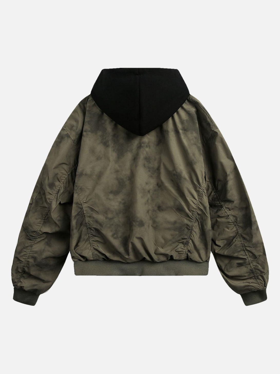Back view of a TALISHKO bomber jacket with a gradient design and faux two-piece style.
