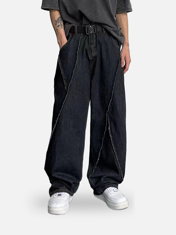 Casual street style with patchwork folds loose jeans by TALISHKO, worn with a relaxed tee.