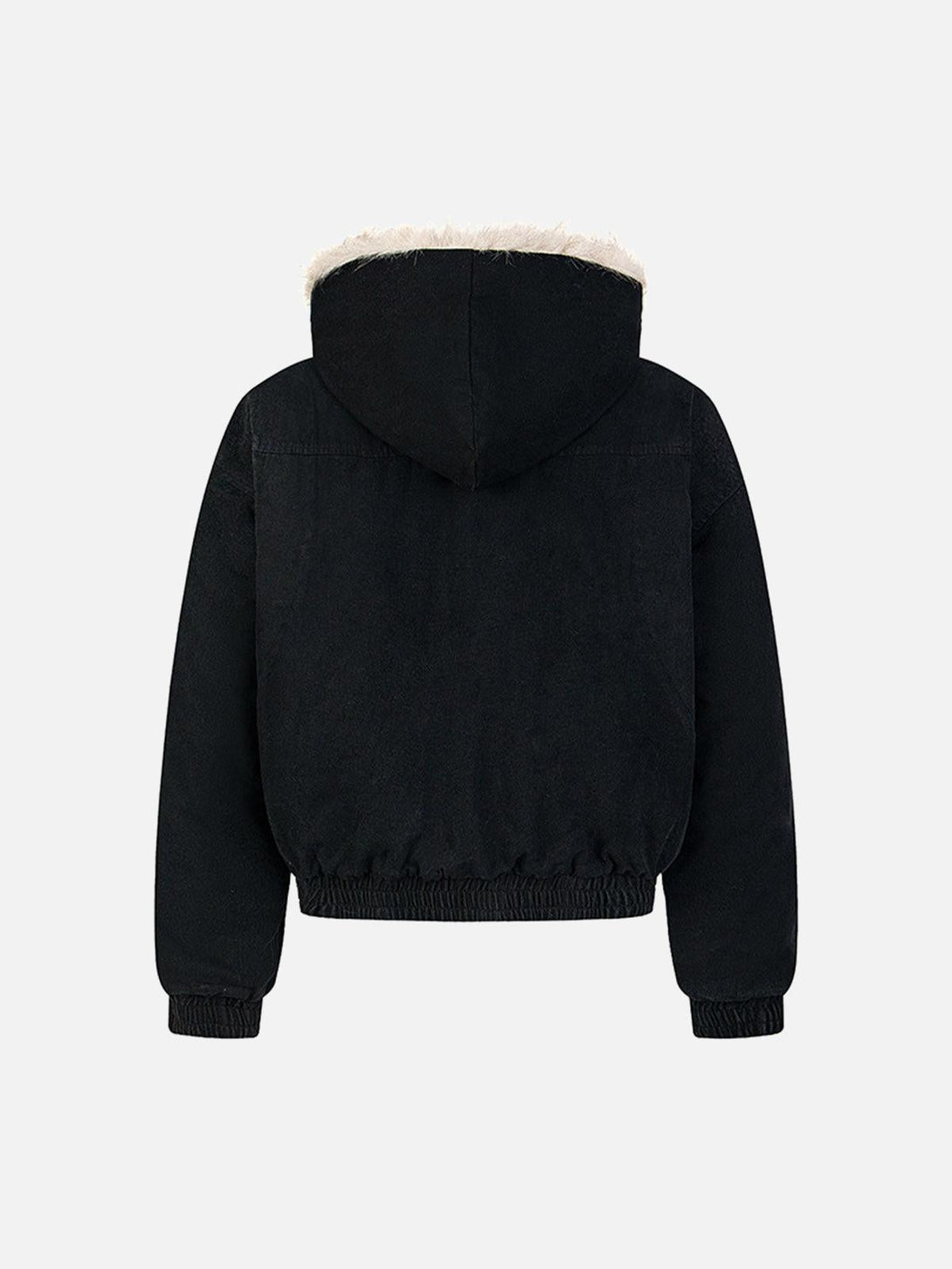 Back view of black quilted jacket with fur-lined hood by TALISHKO, emphasizing cozy style.