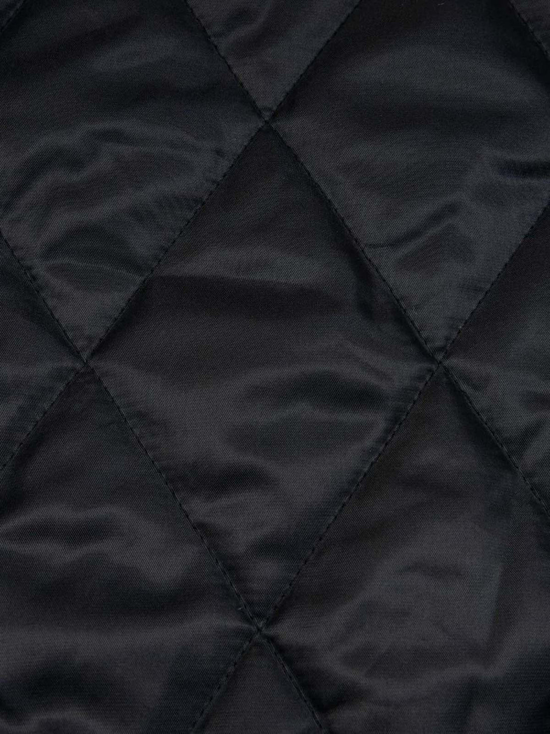Detailed fabric and stitching on TALISHKO's black quilted jacket, highlighting texture.