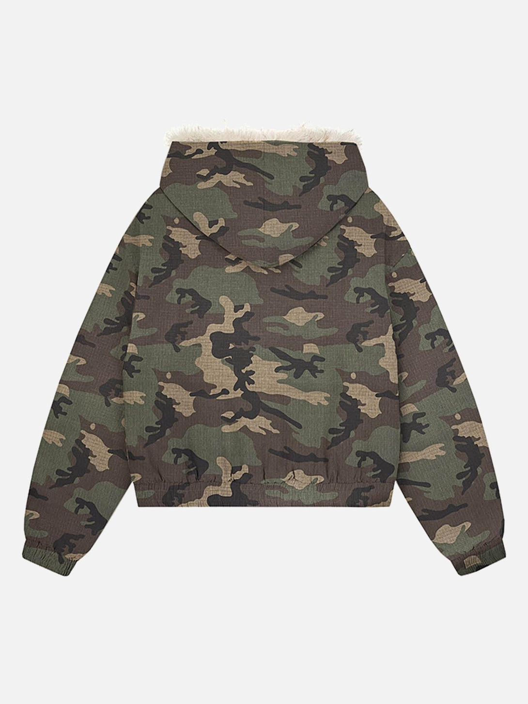 Back view of a camouflage quilted jacket with a fur-lined hood by TALISHKO, offering rugged style.