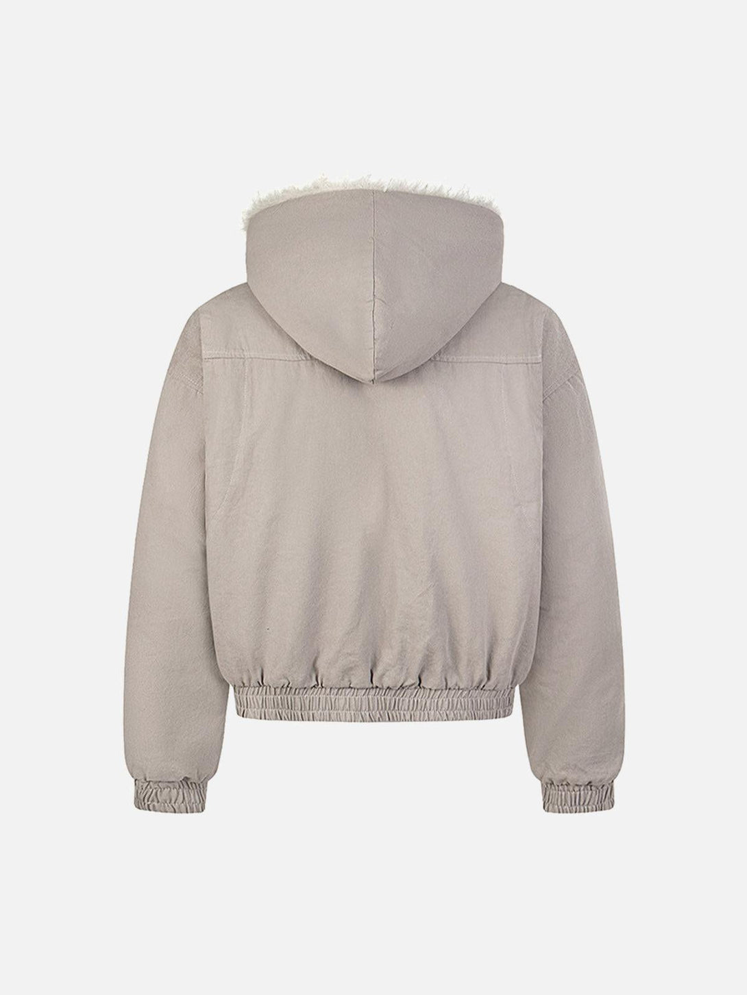 Back view of a gray quilted jacket with fur-lined hood, showcasing TALISHKO's cozy design.