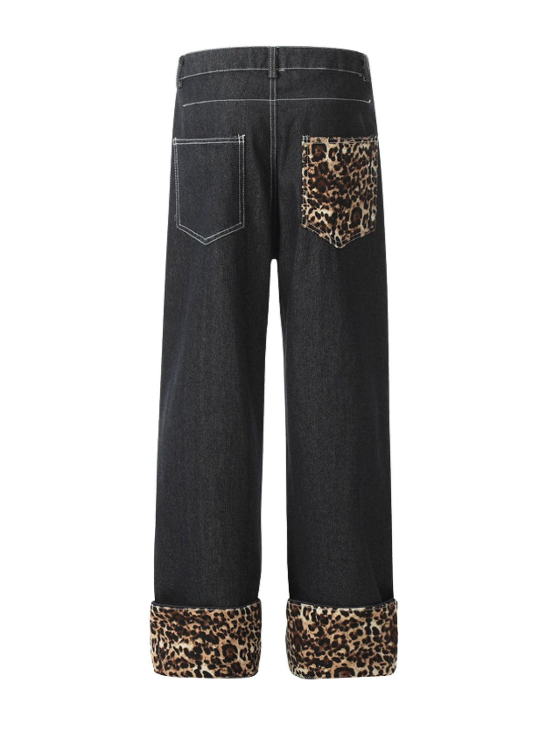 Back view of TALISHKO patchwork jeans with leopard print pocket and cuffs for a trendy vibe.