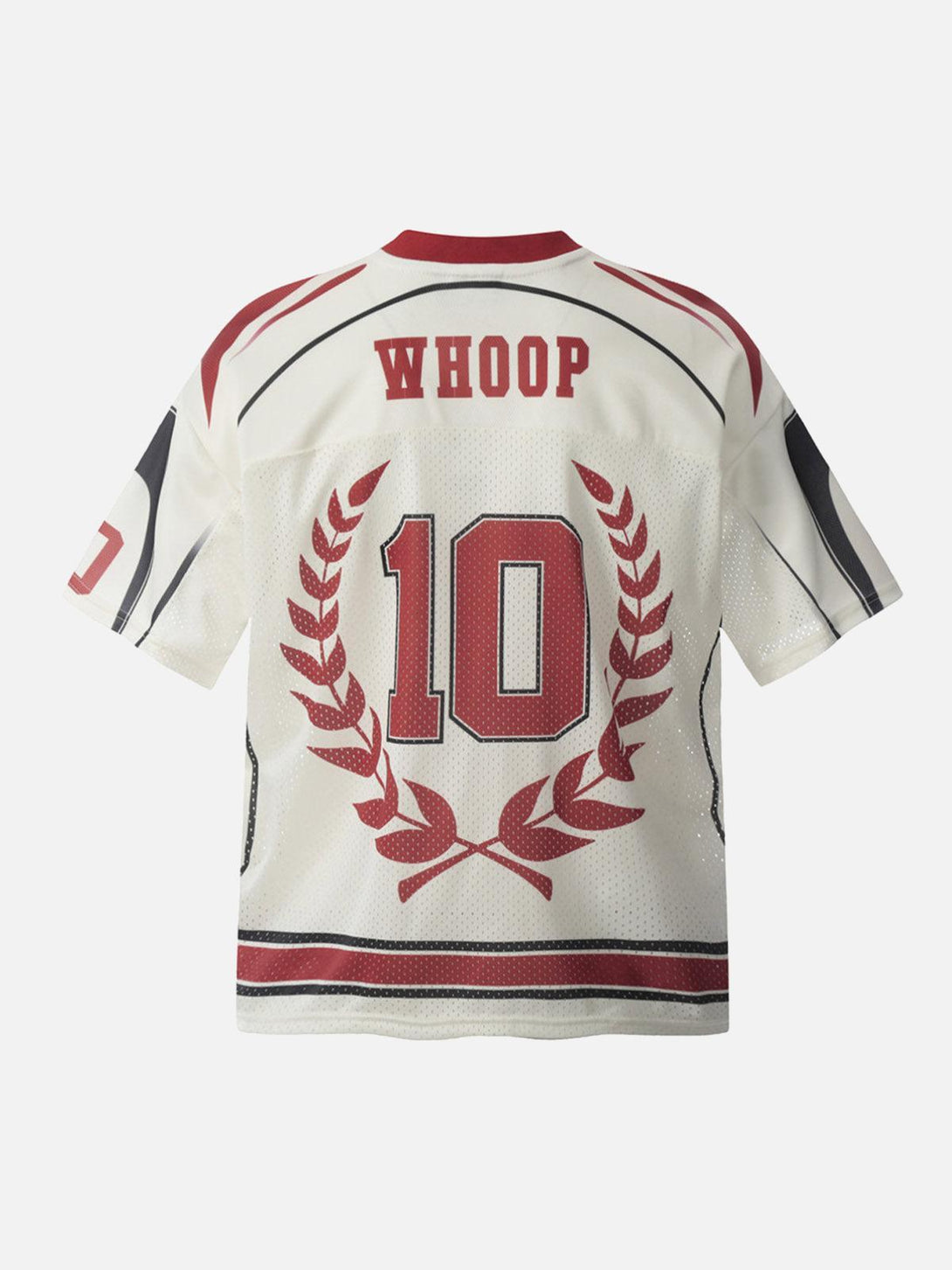 Back view of TALISHKO patchwork mesh jersey T-shirt with bold red details and number 10.