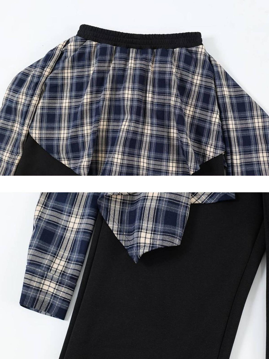 Close-up of plaid detail on TALISHKO sweatpants, highlighting the unique patchwork design.