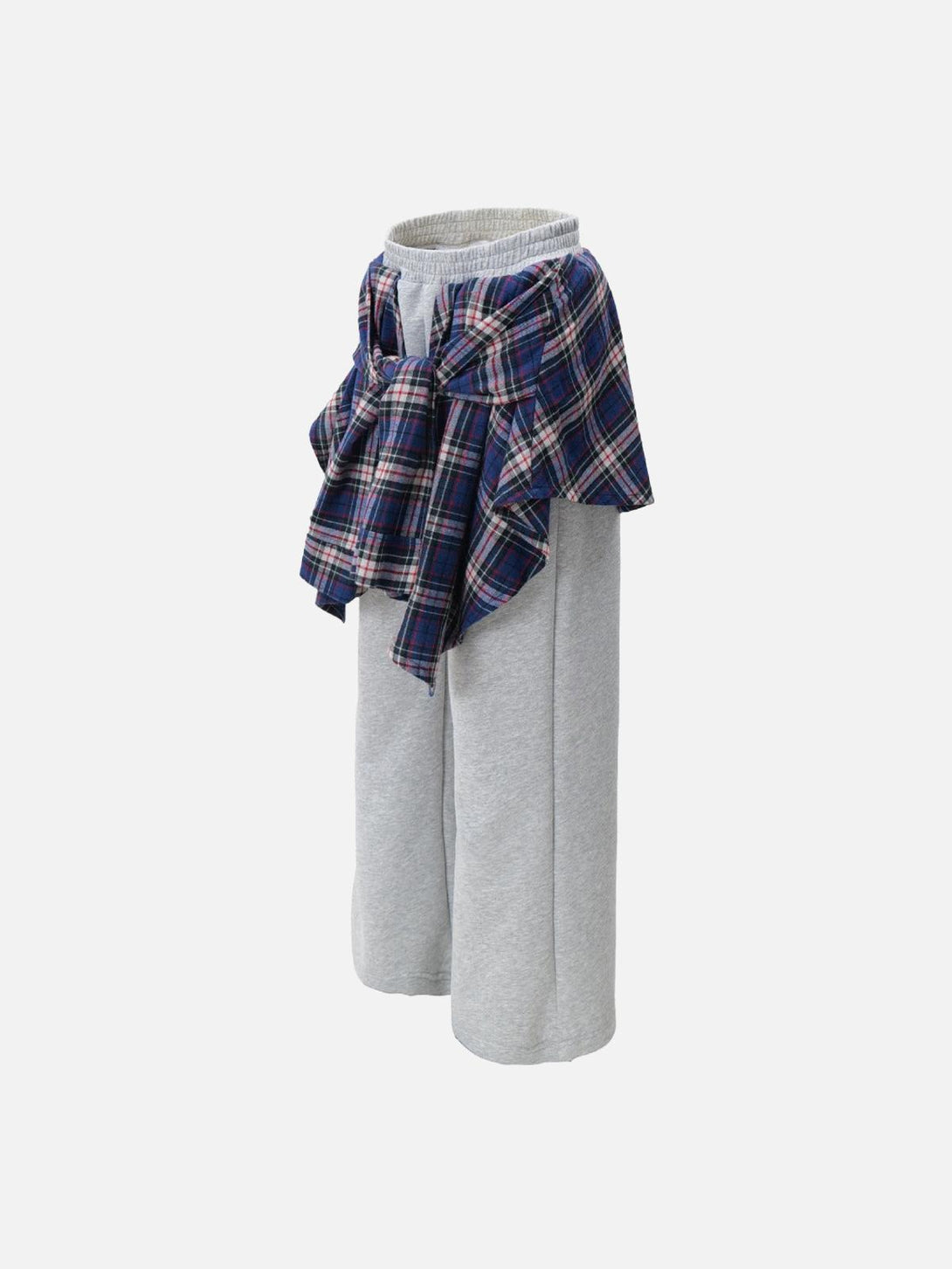 Gray sweatpants featuring a plaid wrap detail by TALISHKO, showcasing a layered look.