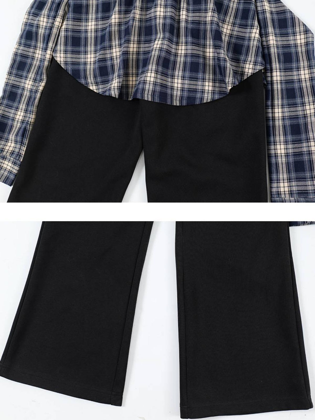 Plaid and black fabric detail on TALISHKO sweatpants, showcasing a stylish patchwork design.
