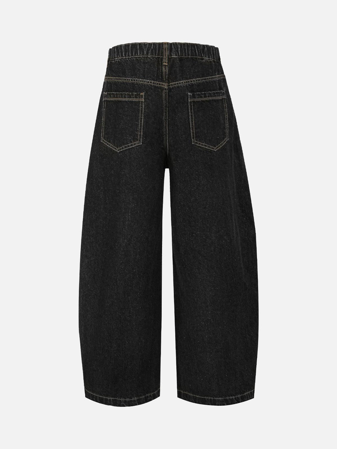 Back view of TALISHKO black baggy barrel jeans showcasing patchwork plaid design.