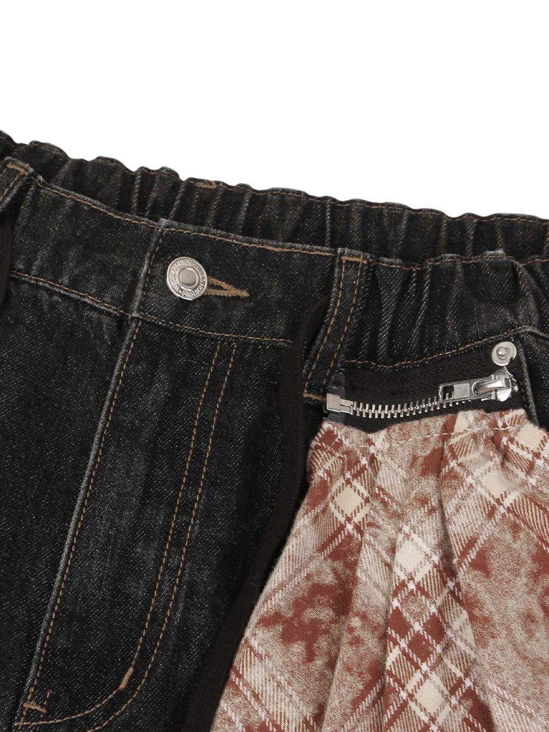 Intricate look at TALISHKO jeans featuring a patchwork plaid design and detailed stitching.