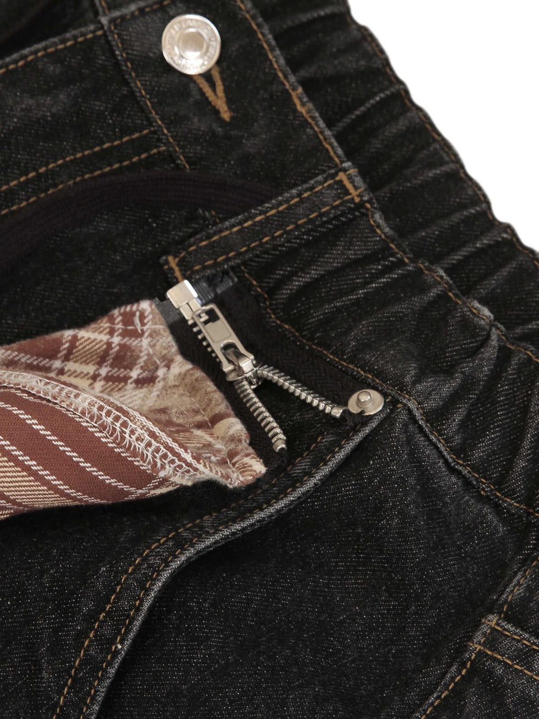 Focusing on TALISHKO jeans' zipper and plaid lining detail, highlighting unique craftsmanship.