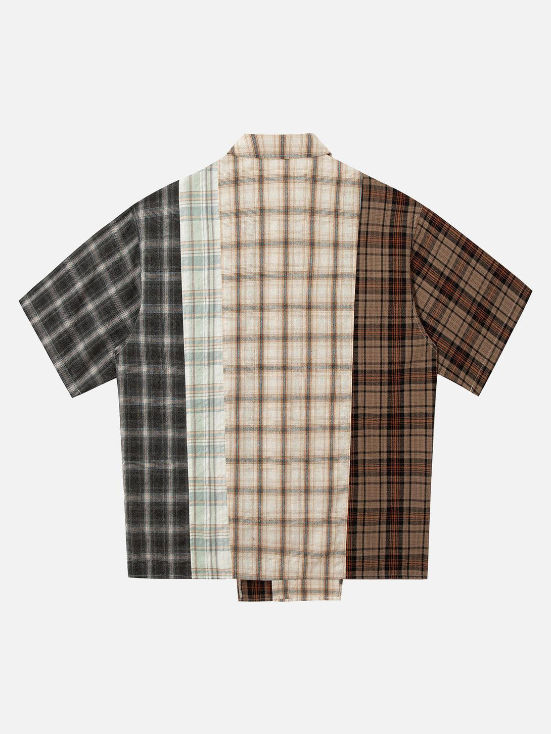 Back view of TALISHKO patchwork plaid short-sleeve shirt with diverse plaid patterns.