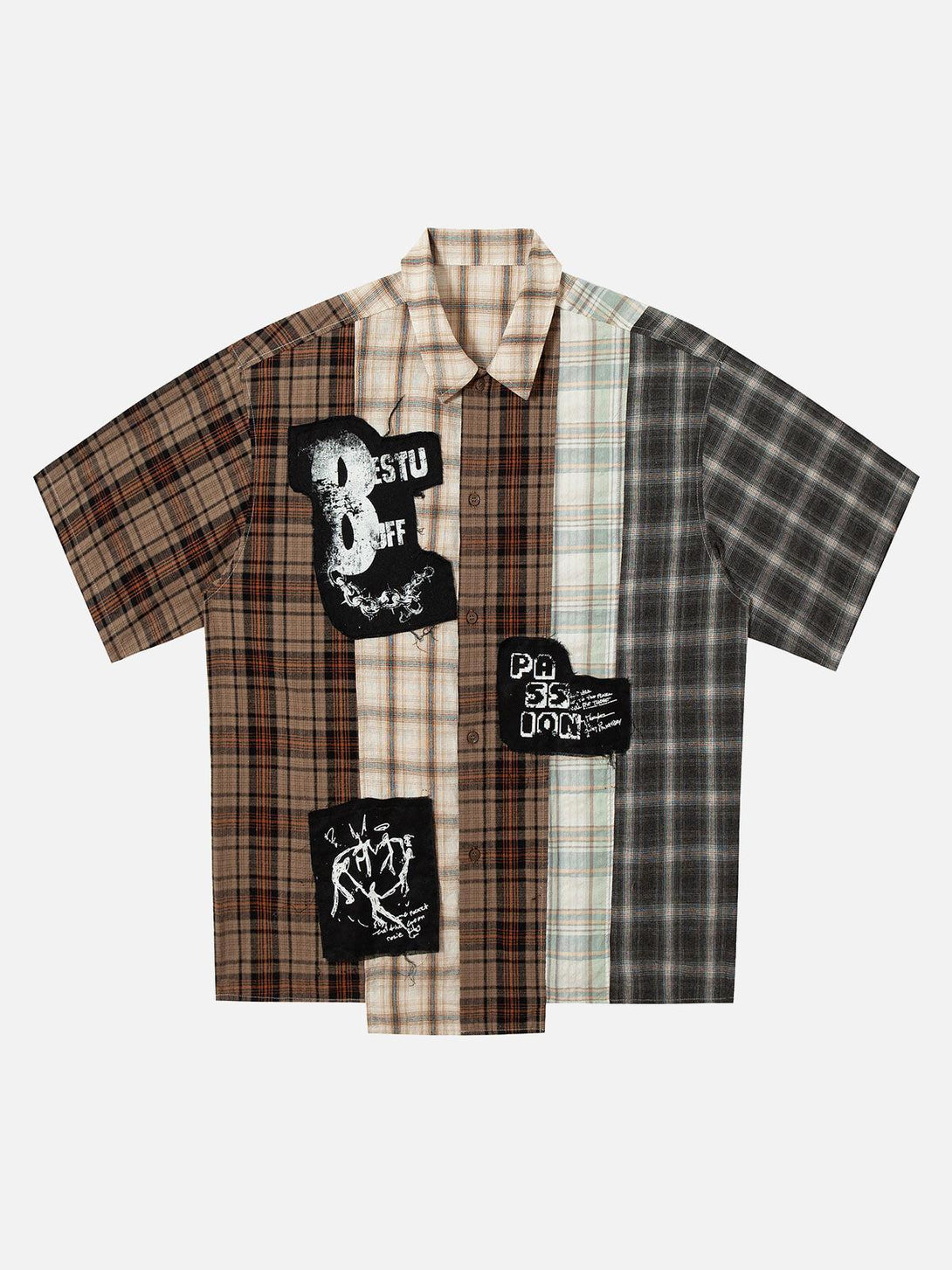 Short-sleeve patchwork plaid shirt by TALISHKO, featuring unique prints and earthy tones.