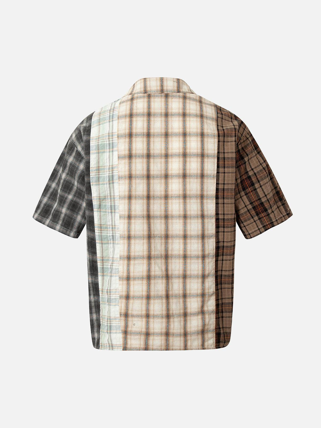 Back view of TALISHKO patchwork plaid short-sleeve shirt showcasing earthy tones.