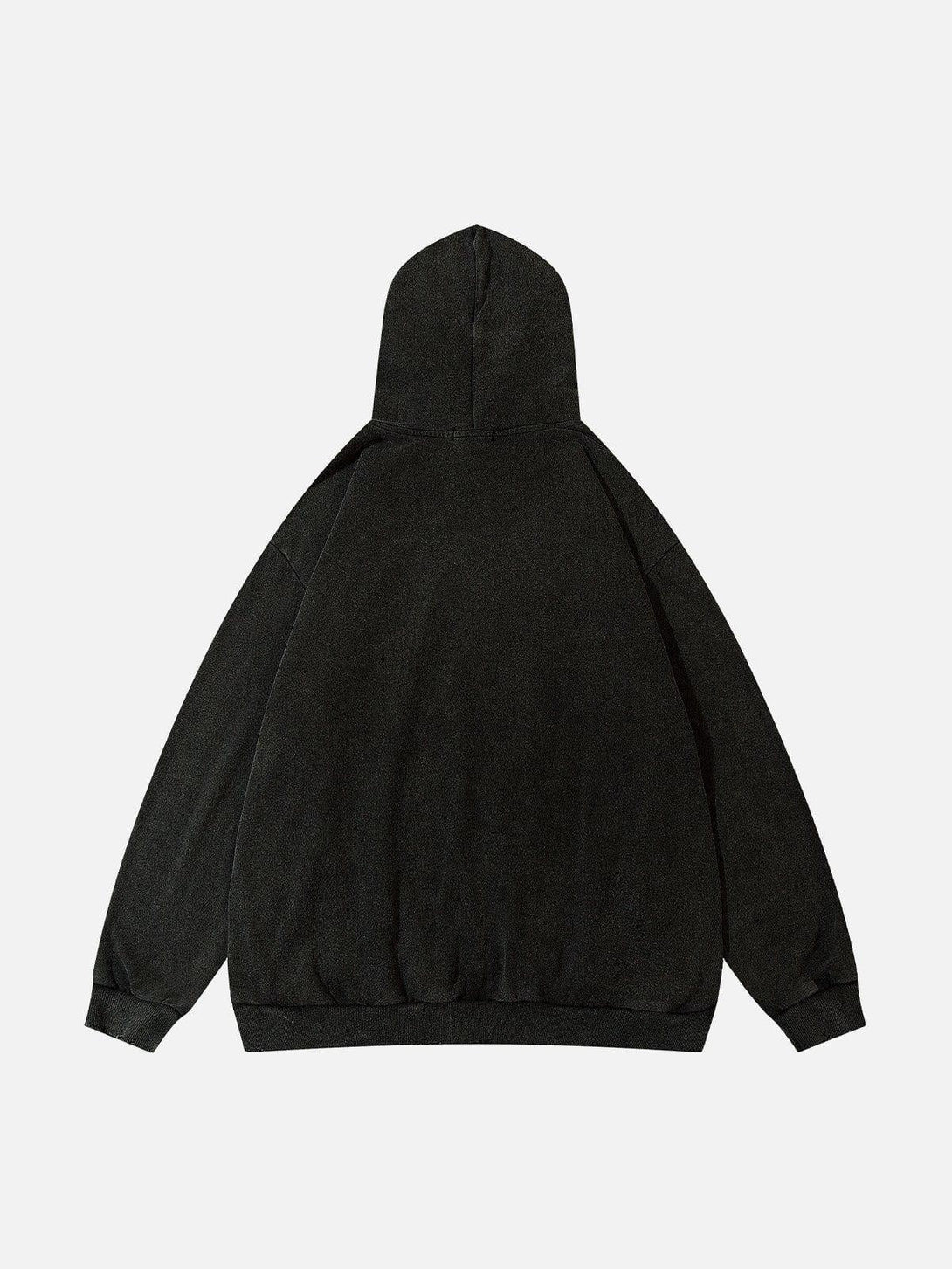 Back view of a black washed hoodie by TALISHKO, showcasing its relaxed fit and style.