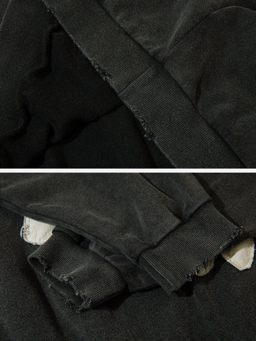 Intricate look at TALISHKO's hoodie cuff details, showcasing its unique washed texture.