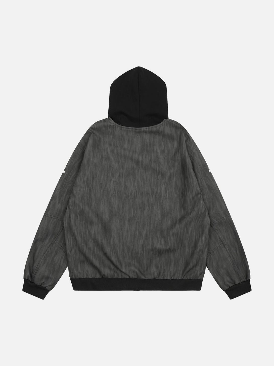 Back view of a gray patchwork hooded jacket by TALISHKO, showcasing its unique design.